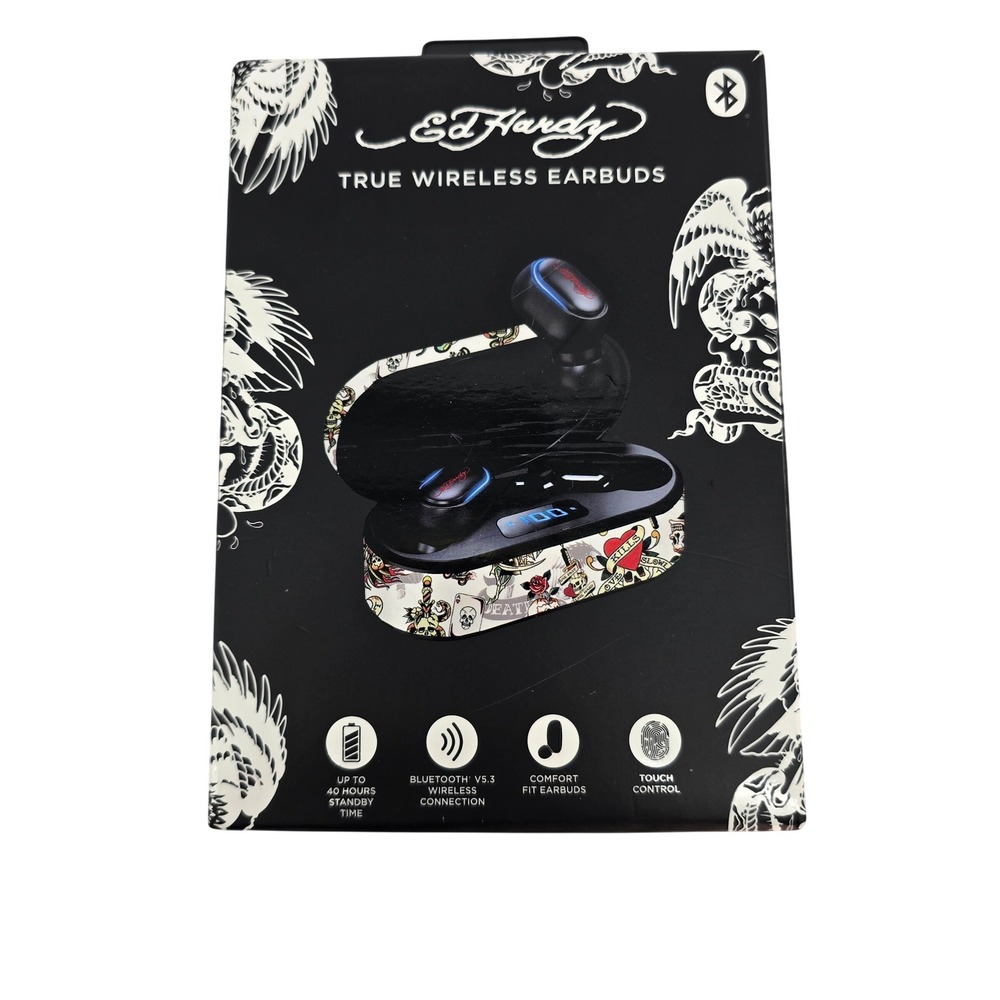 Ed Hardy True Wireless Earbuds Bluetooth V5.3 Tattoo Print Charging Case Black